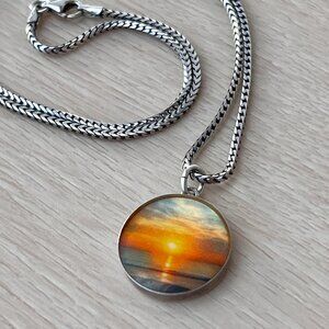 Ocean Sunset Nature Pendant 925 Sterling Silver Foxtail Box Chain 18" Necklace